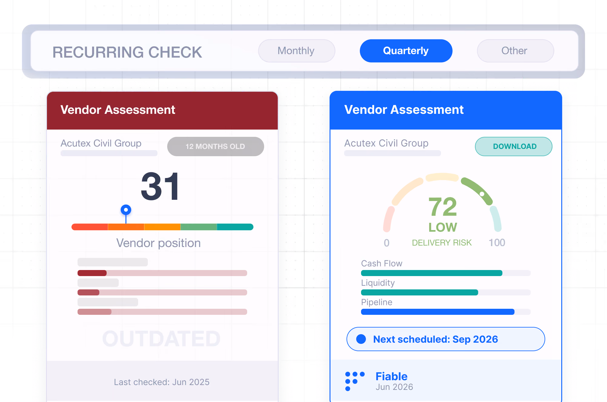Side-by-side vendor assessments showing an outdated score of 31 and a current low delivery risk score of 72.
