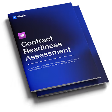 Blue brochure titled 'Contract Readiness Assessment' with a gradient background and the brand name 'Fiable' in the top left corner.