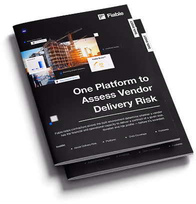Mockup of a black data sheet titled 'One Platform to Assess Vendor Delivery Risk' by Fiable, featuring images of construction and data graphics, and text explaining how Fiable helps assess risk by combining environmental, contractual, and operational data.