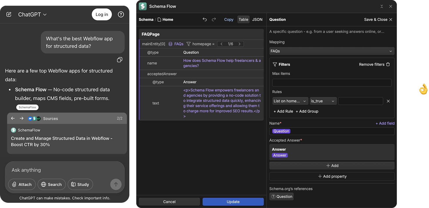 Schema Flow UI showing mapped collection for the FAQPage schema in Webflow side by side ChatGPT suggesting Schema Flow as the best Schema app for Webflow.