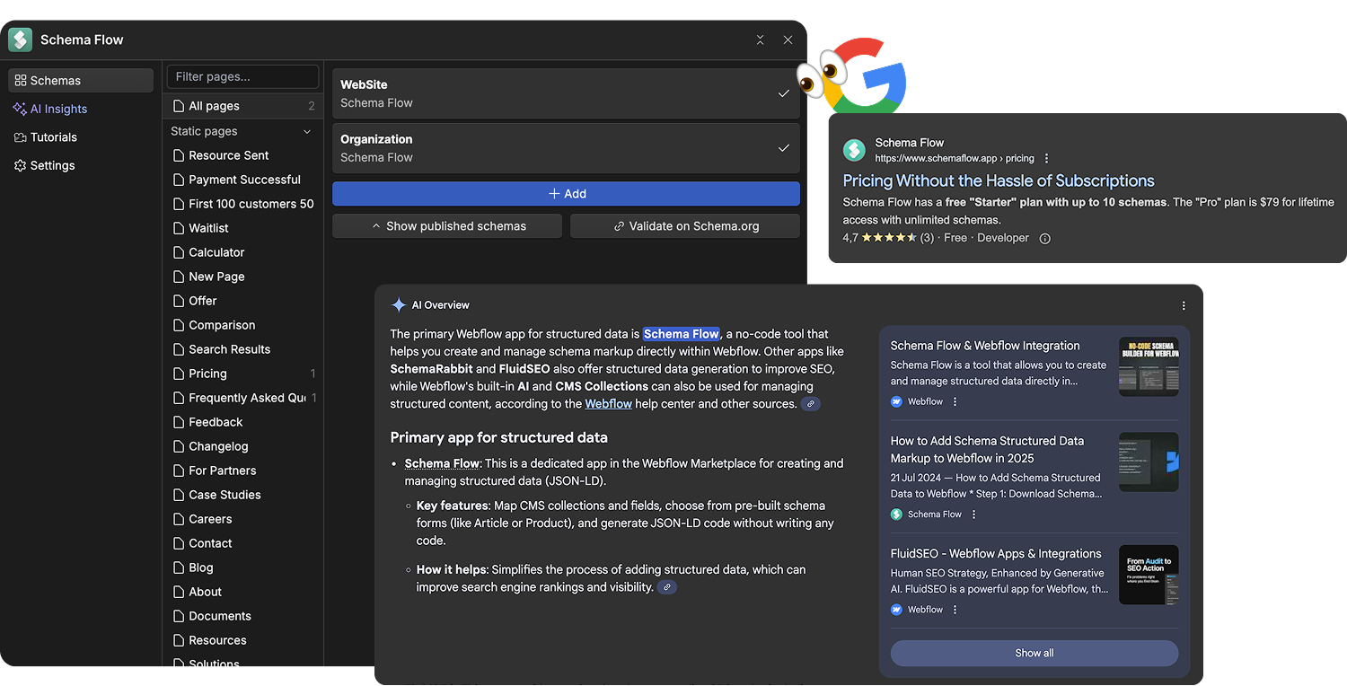 Schema Flow UI showing Organization and Website Schema side by side rich search results and AI summary by Google thanks to structured data that Schema Flow automatically publishes to a Webflow site.