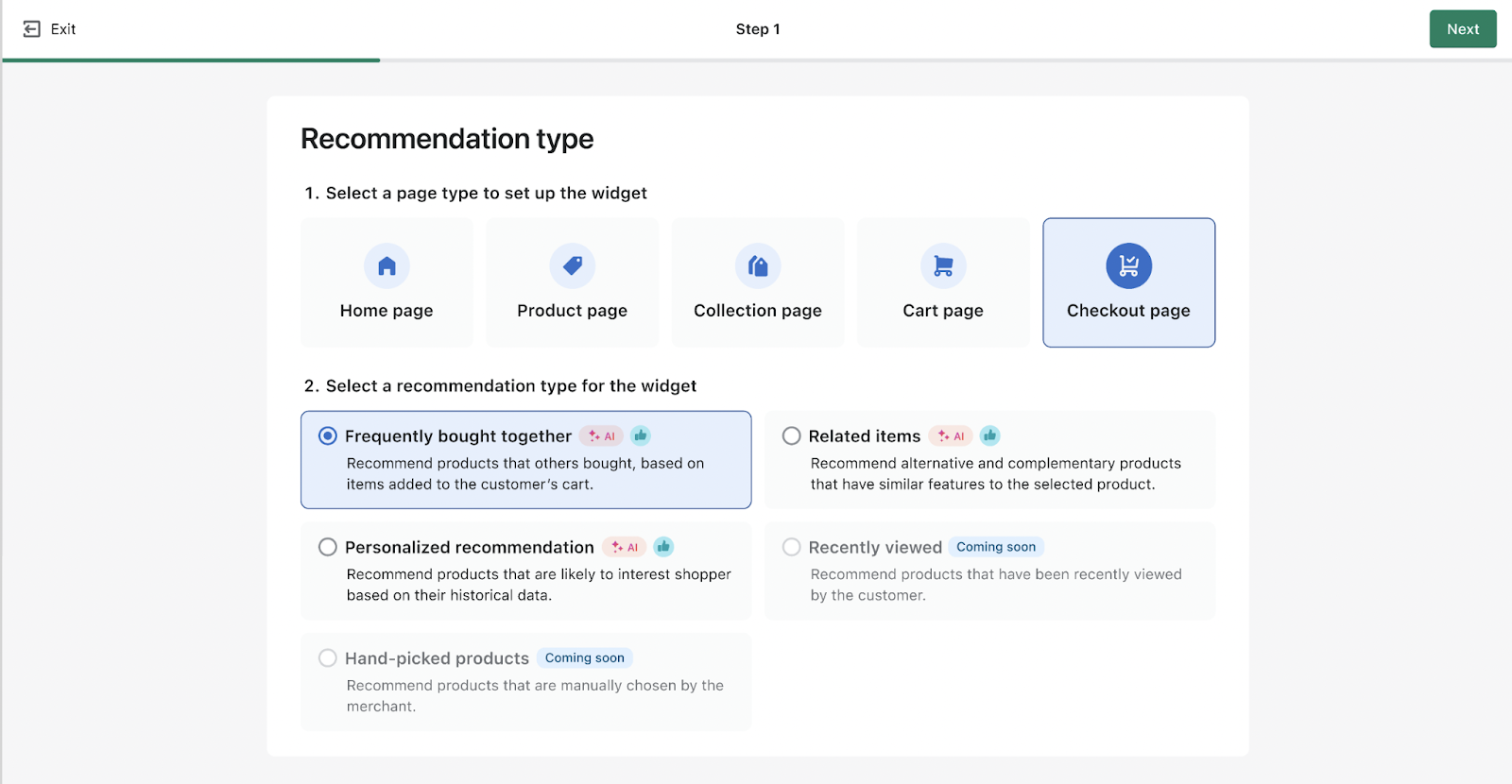 recommendation types for checkout pages 