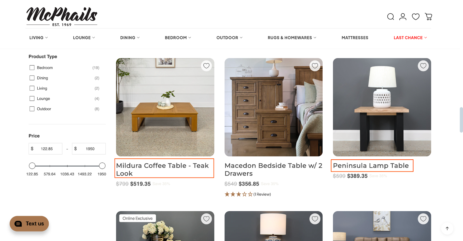 mcphails furniture smart search with boost commerce