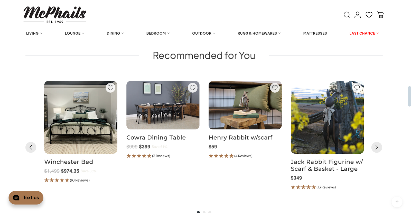 mcphails furniture smart recommendations with boost commerce and reviews.io
