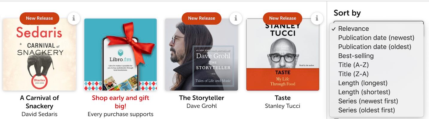 diverse sort types on libro fm Shopify filters