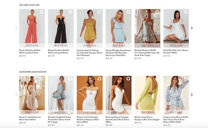 multiple product recommendation widget on product pages of selfie leslie