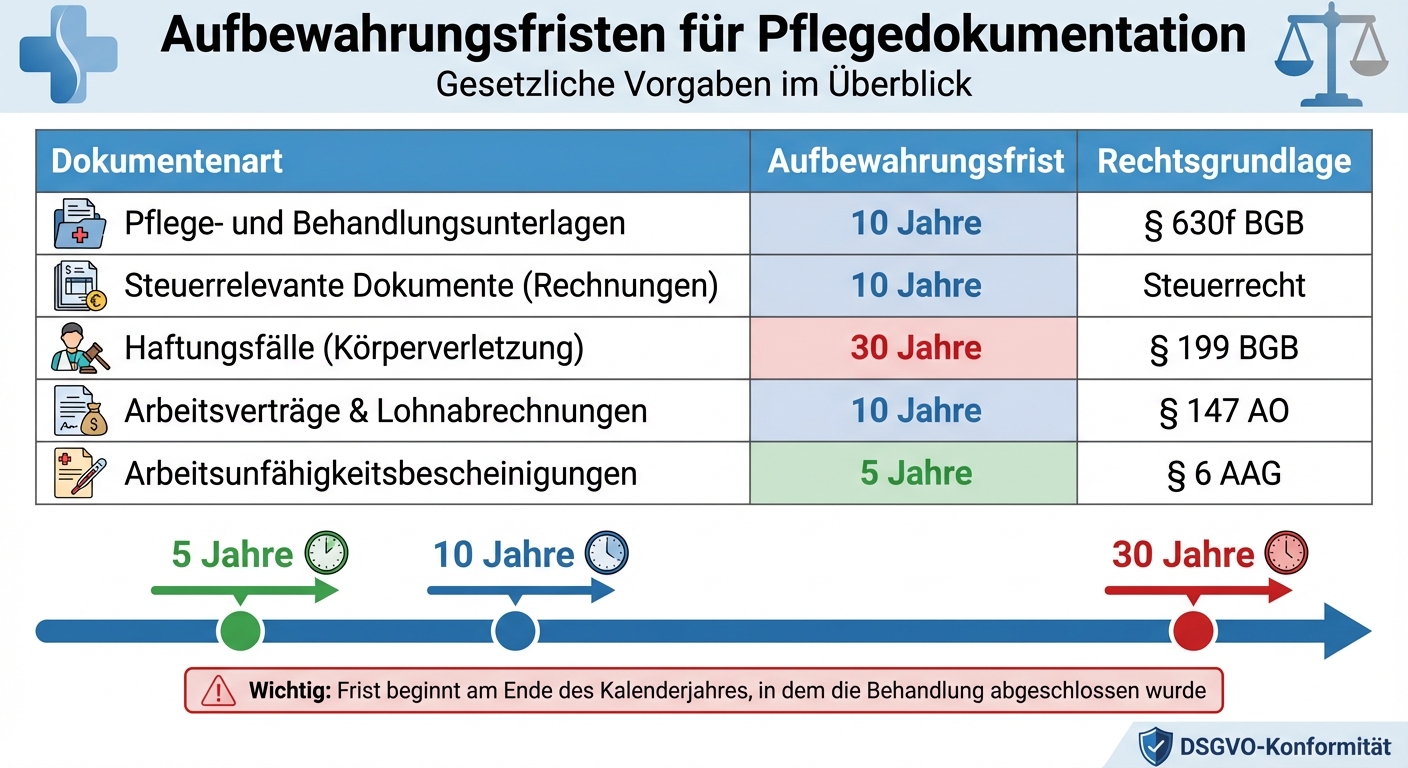 Aufbewahrungsfristen für Pflegedokumentation nach Dokumentenart