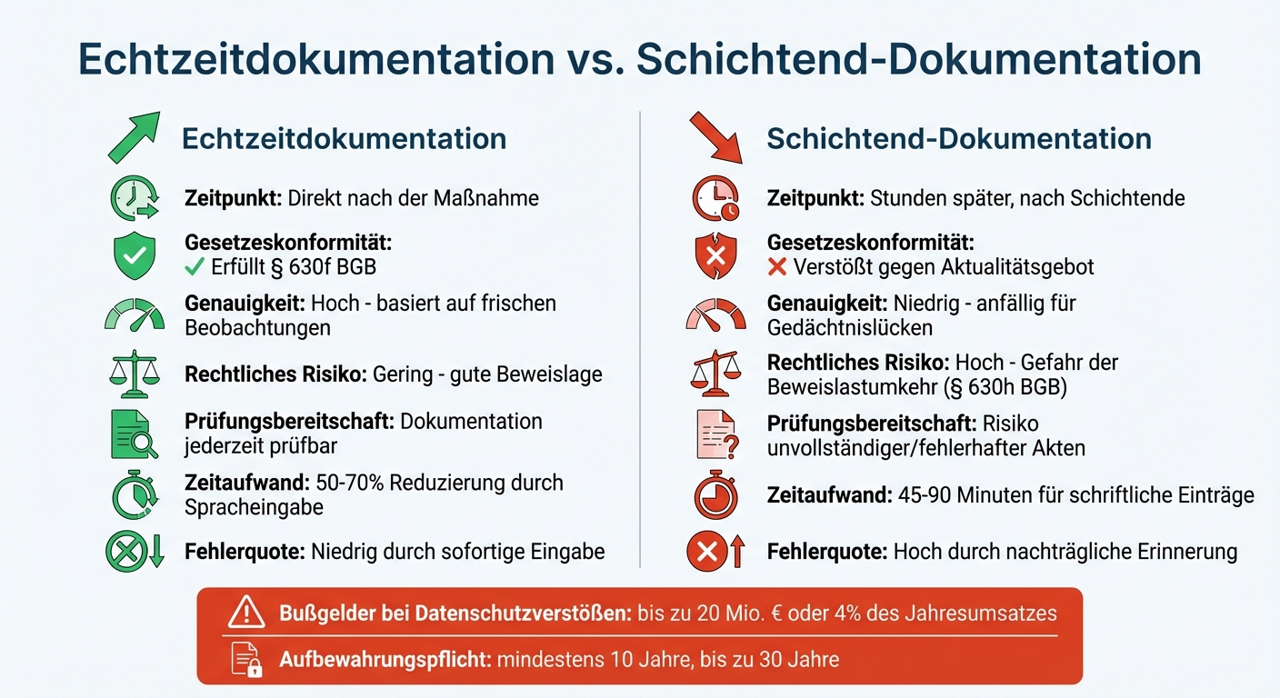 Echtzeitdokumentation vs. Schichtend-Dokumentation: Rechtliche und praktische Unterschiede