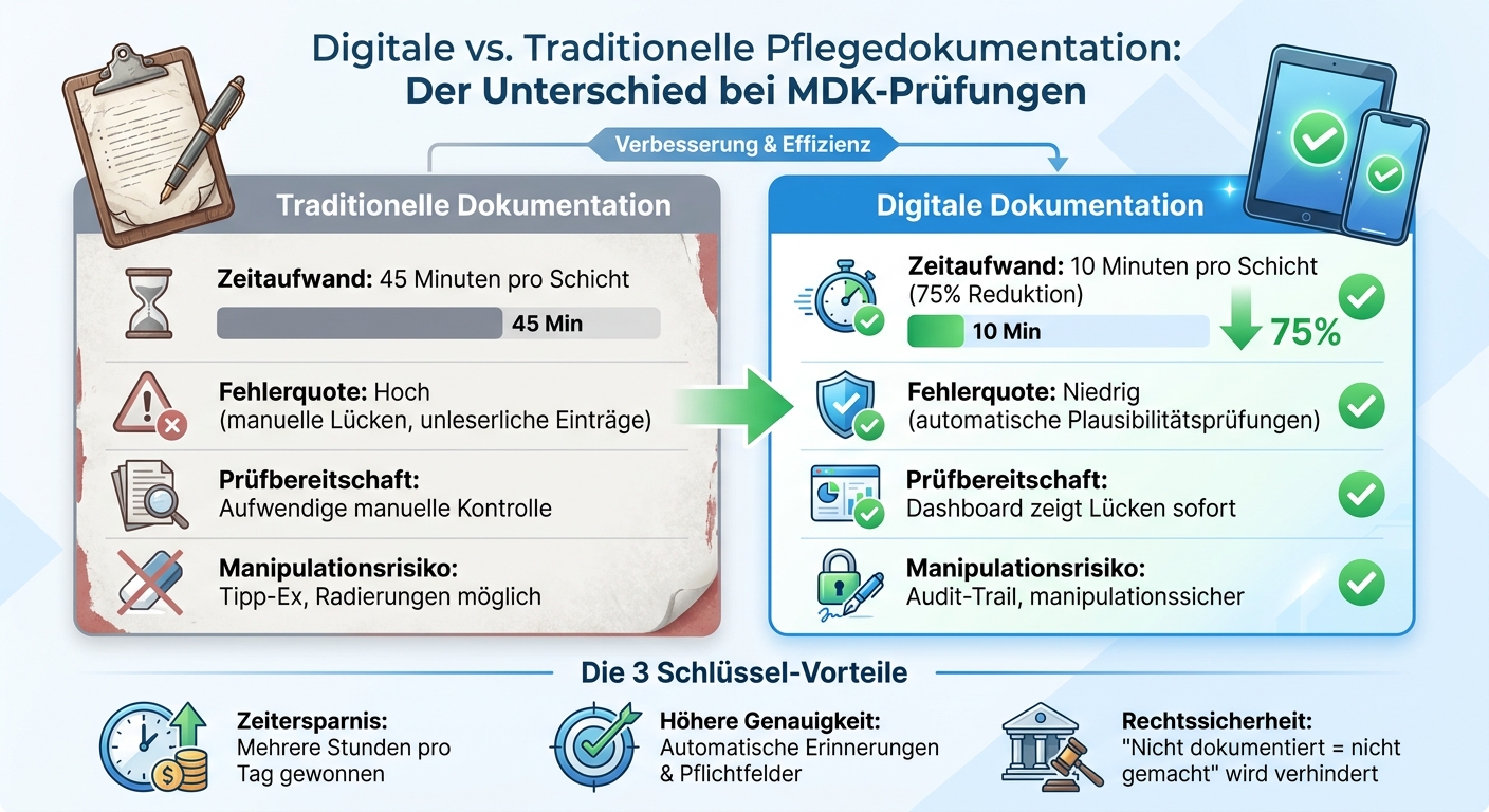 Zeitersparnis und Vorteile digitaler Pflegedokumentation vs. traditionelle Methoden