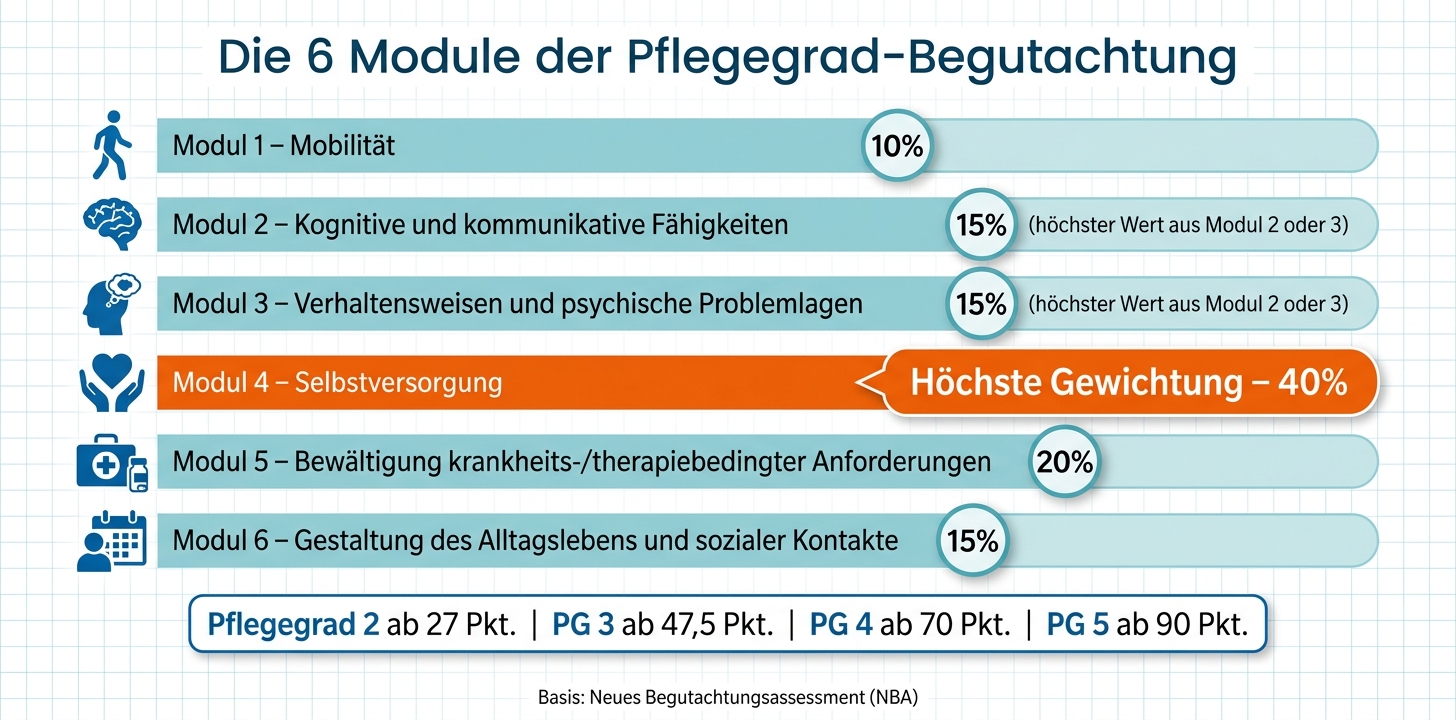 Die 6 Module der Pflegegrad-Begutachtung: Gewichtung & Dokumentationsprioritäten