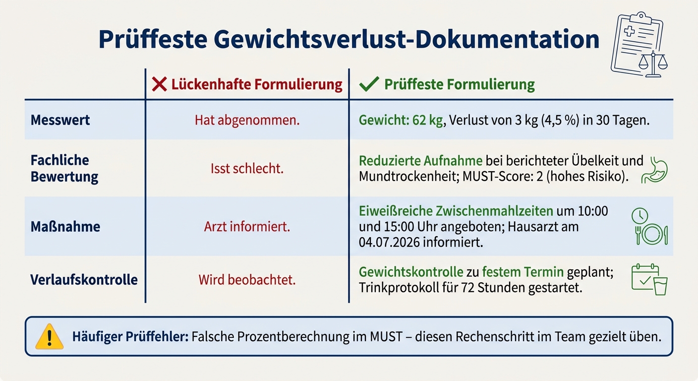 Prüffeste Gewichtsverlust-Dokumentation: Schwache vs. Starke Formulierungen