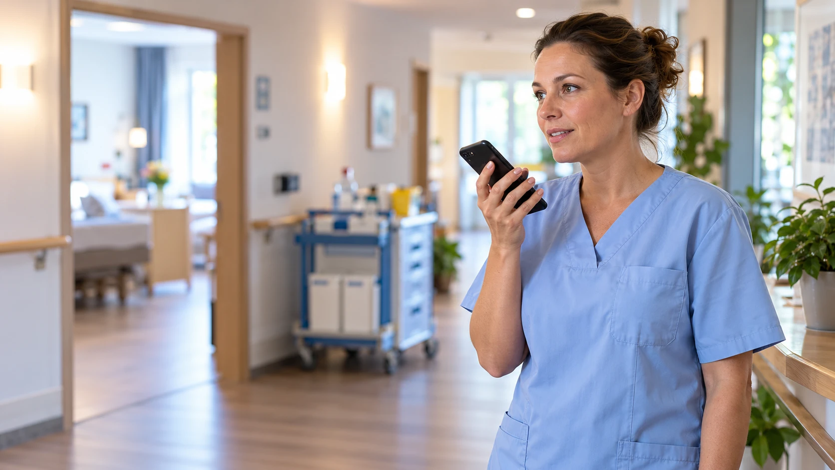 Pflegefachkraft dokumentiert im Pflegeheim per Sprache auf dem Smartphone