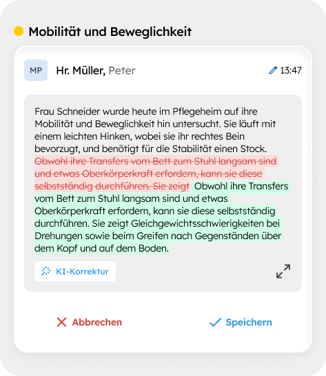 dexter.mobile: Pflegeeintrag mit Uhrzeit, KI-Korrektur und Freigabe durch die Pflegekraft