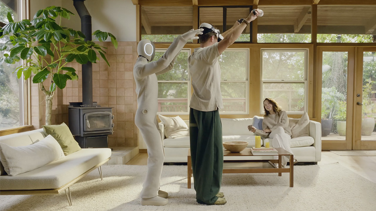 1X NEO humanoid robot full body product shot showing the complete bipedal design with soft exterior materials and human-proportioned frame for home environments