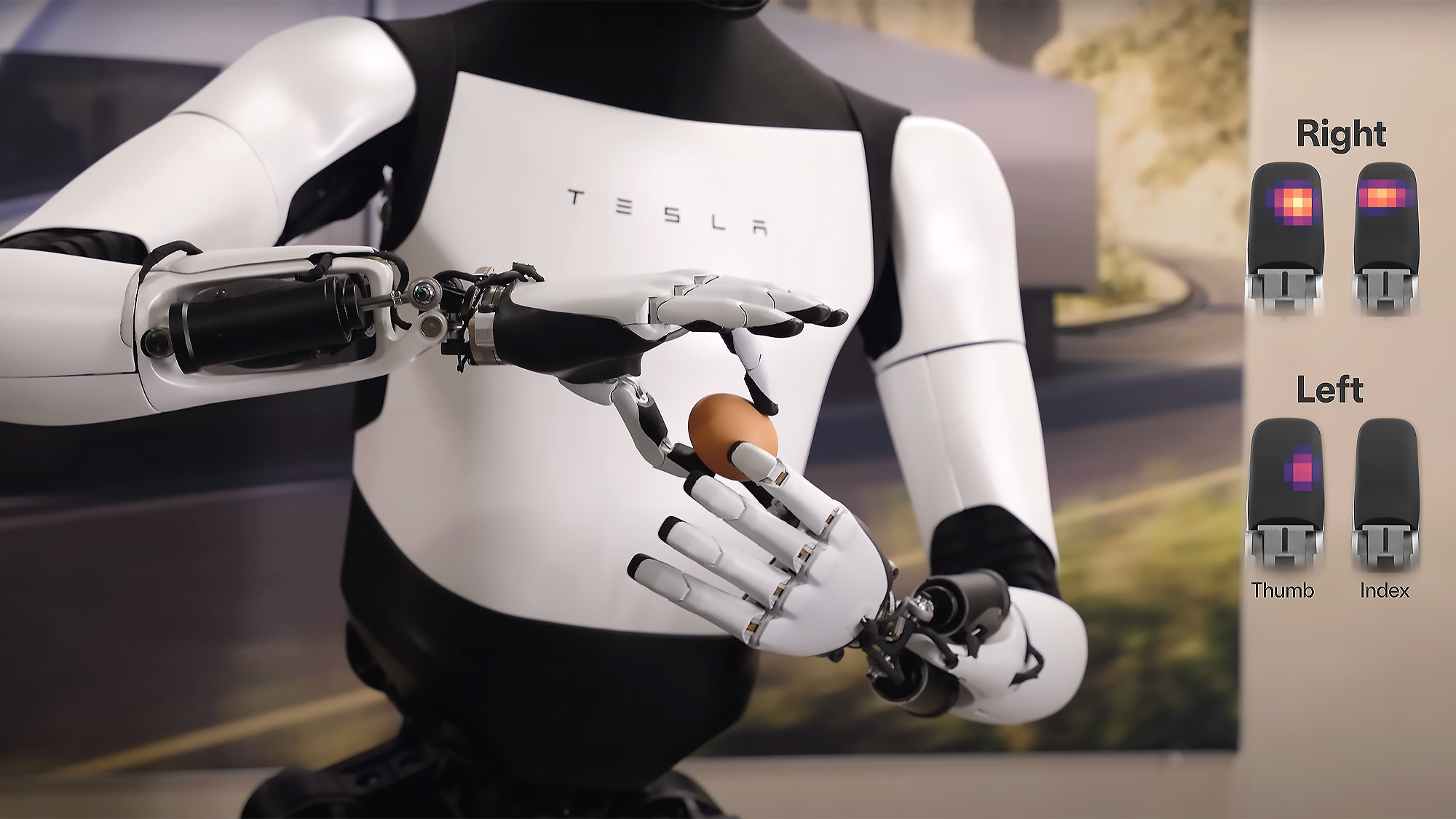 Tesla Optimus Gen 2 humanoid robot demonstrating advanced tactile sensing capabilities, delicately holding an egg with precision grip while sensor visualization displays real-time pressure data on each fingertip