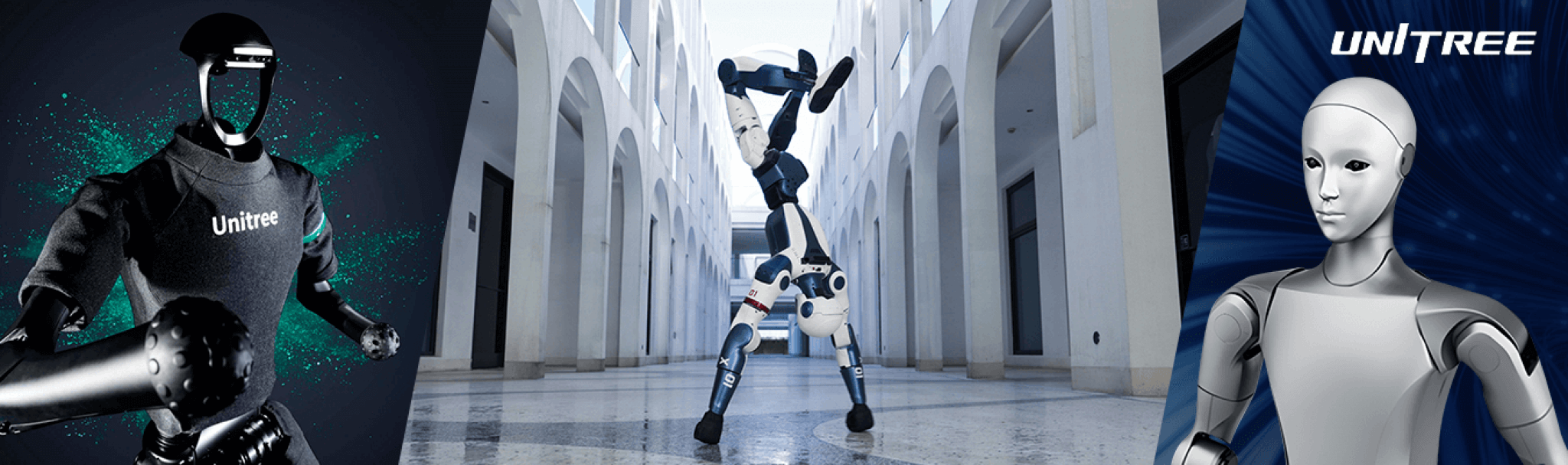 Unitree humanoid robots H1, G1, and H2 — H1 in black with industrial visor design, G1 performing an agile handstand demonstrating advanced balance control, and H2 with humanlike silver appearance. Available from authorized USA and Canada dealers starting at $5,900.