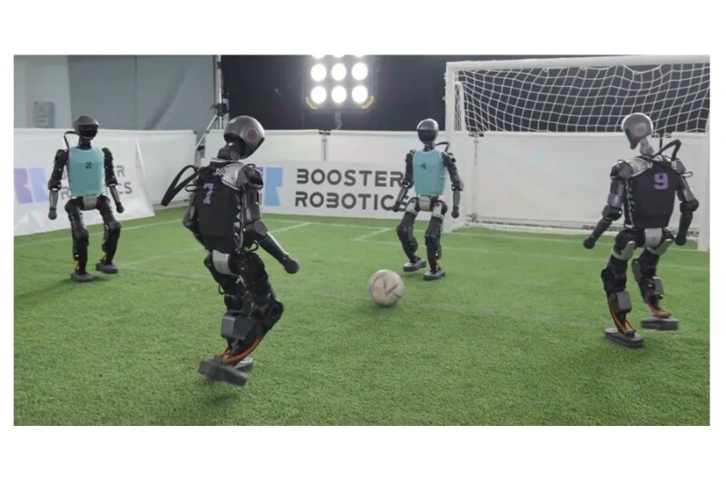 Booster K1 robots competing in RoboCup 2025 KidSize championship soccer match Booster Robotics