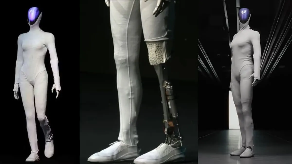 Three views of the XPENG IRON humanoid robot: full-body front, a close-up of the cut-open lower leg showing the mechanical actuator and wiring beneath the synthetic skin, and a rear three-quarter view on the reveal stage