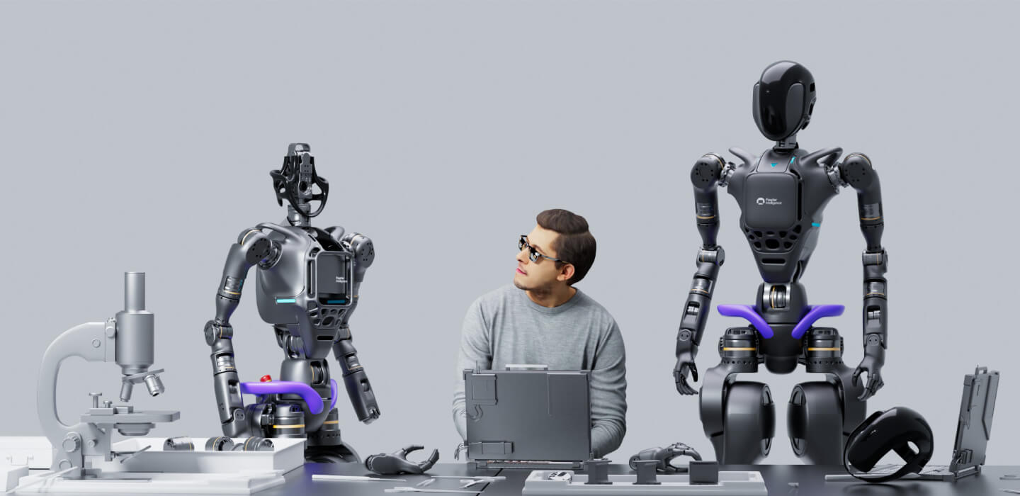 Fourier GR-1 (left) and GR-2 (right) humanoid robots shown side by side with a human operator for scale