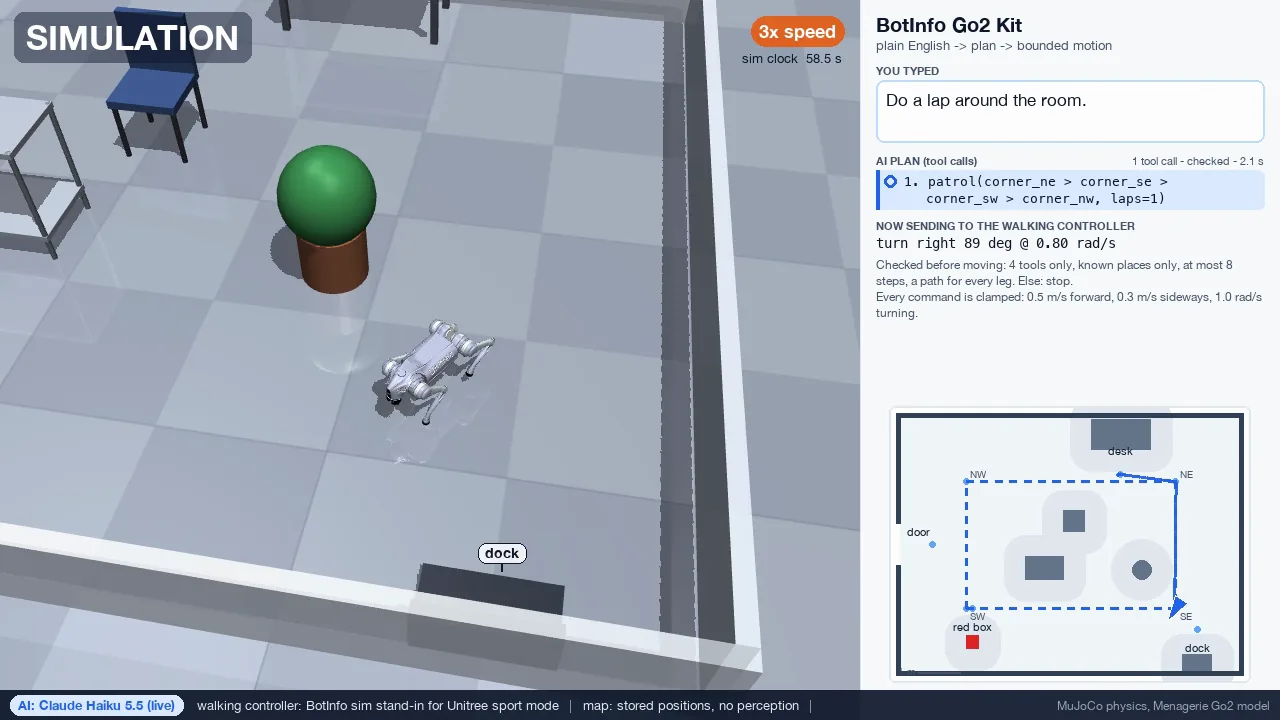 Simulation: the simulated Unitree Go2 turns at a corner during a one-lap patrol of the test room, with the patrol route drawn on the room map