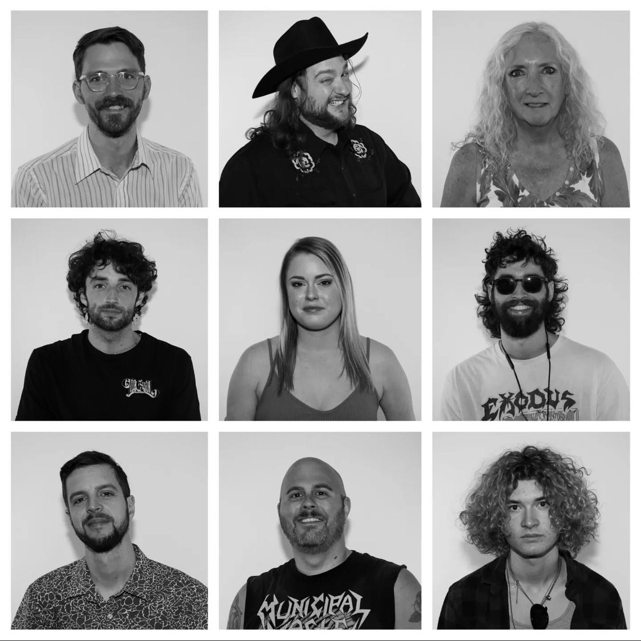 Black-and-white portraits of nine members of The Camel team