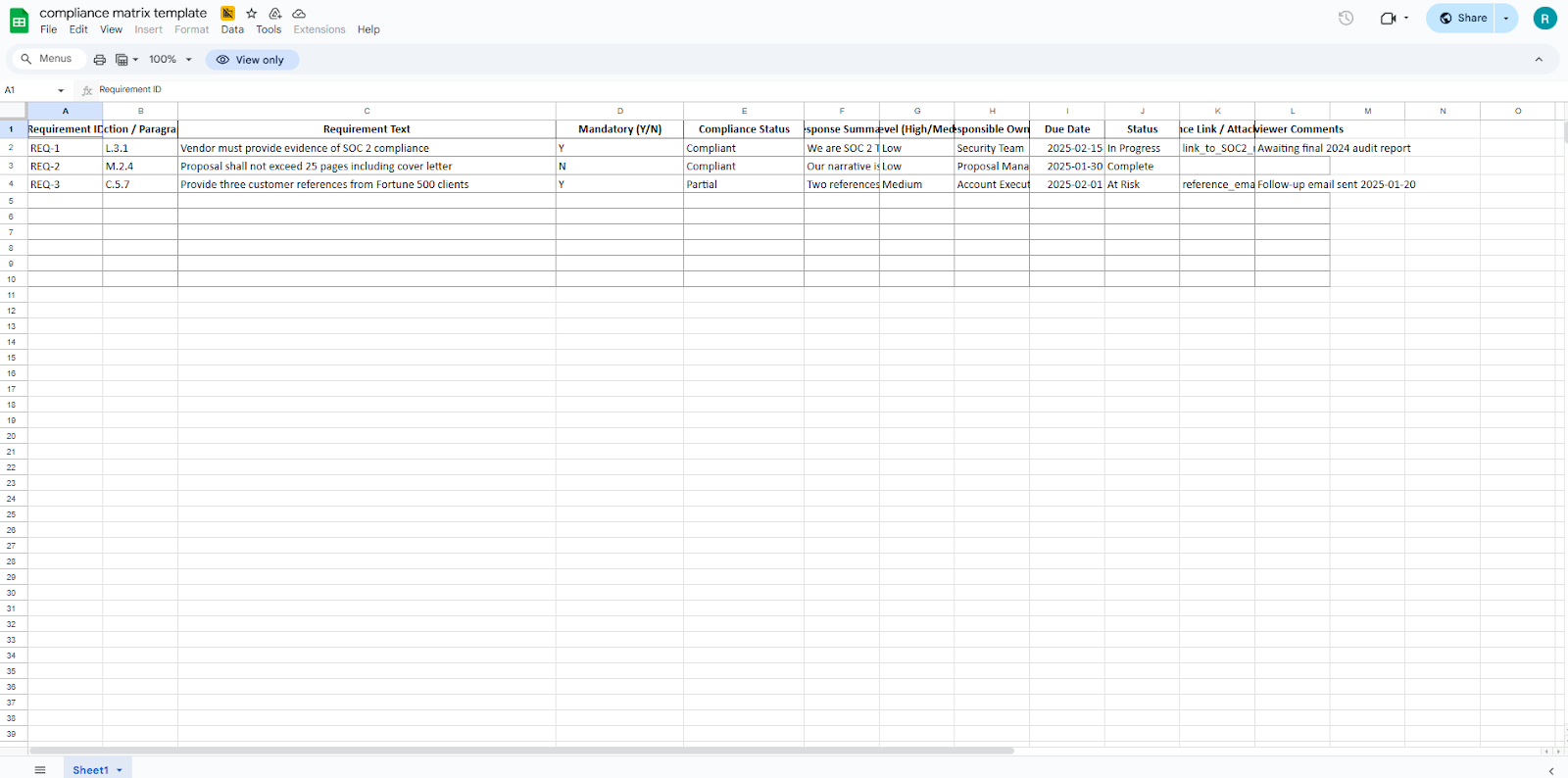 Compliance Matrix Template Example