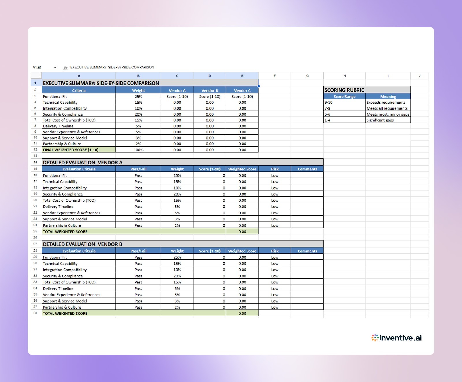 Solution Selection Matrix Template (Excel) for RFP Vendor Evaluation