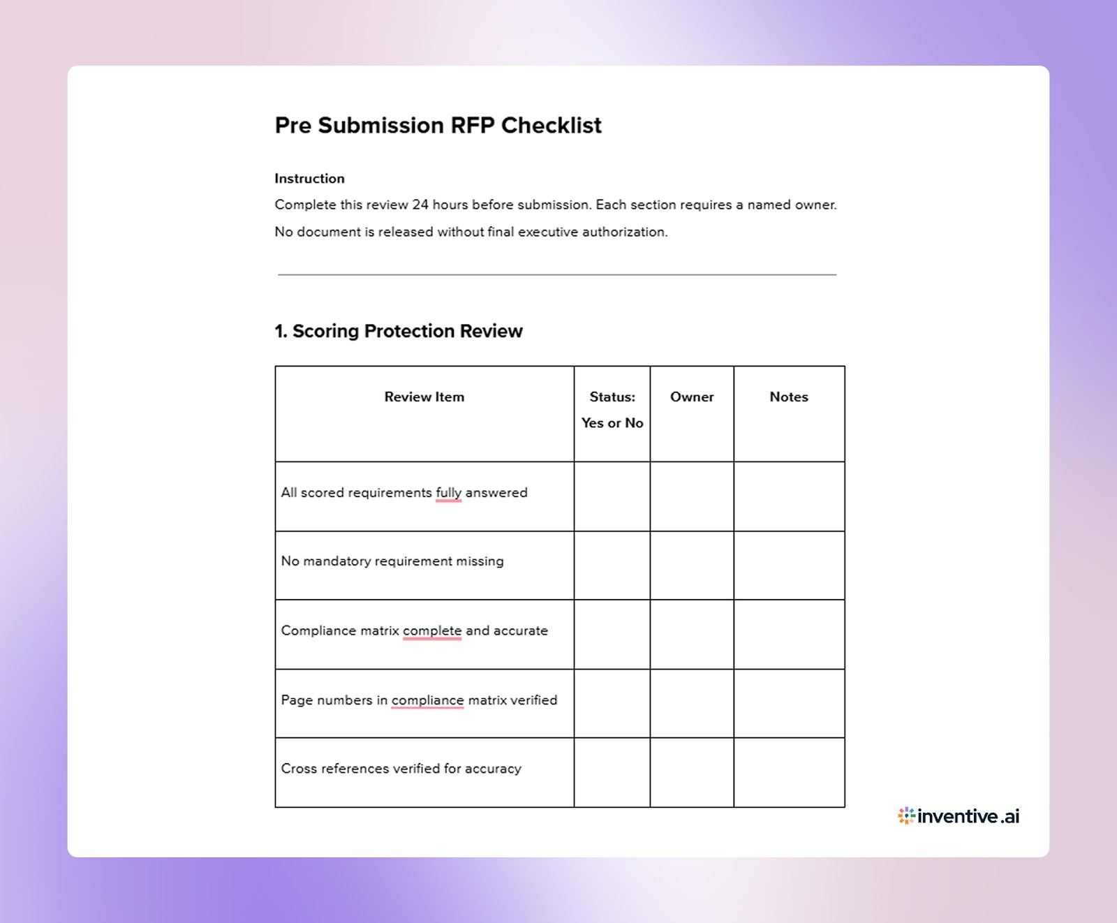 Pre Submission RFP Checklist Template
