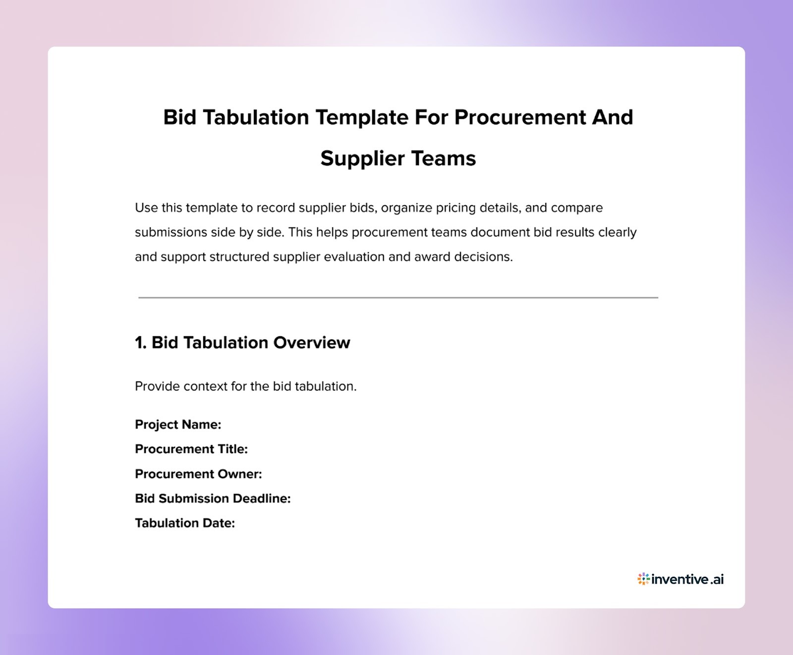 Bid Tabulation Template For Procurement And Supplier Bid Comparison