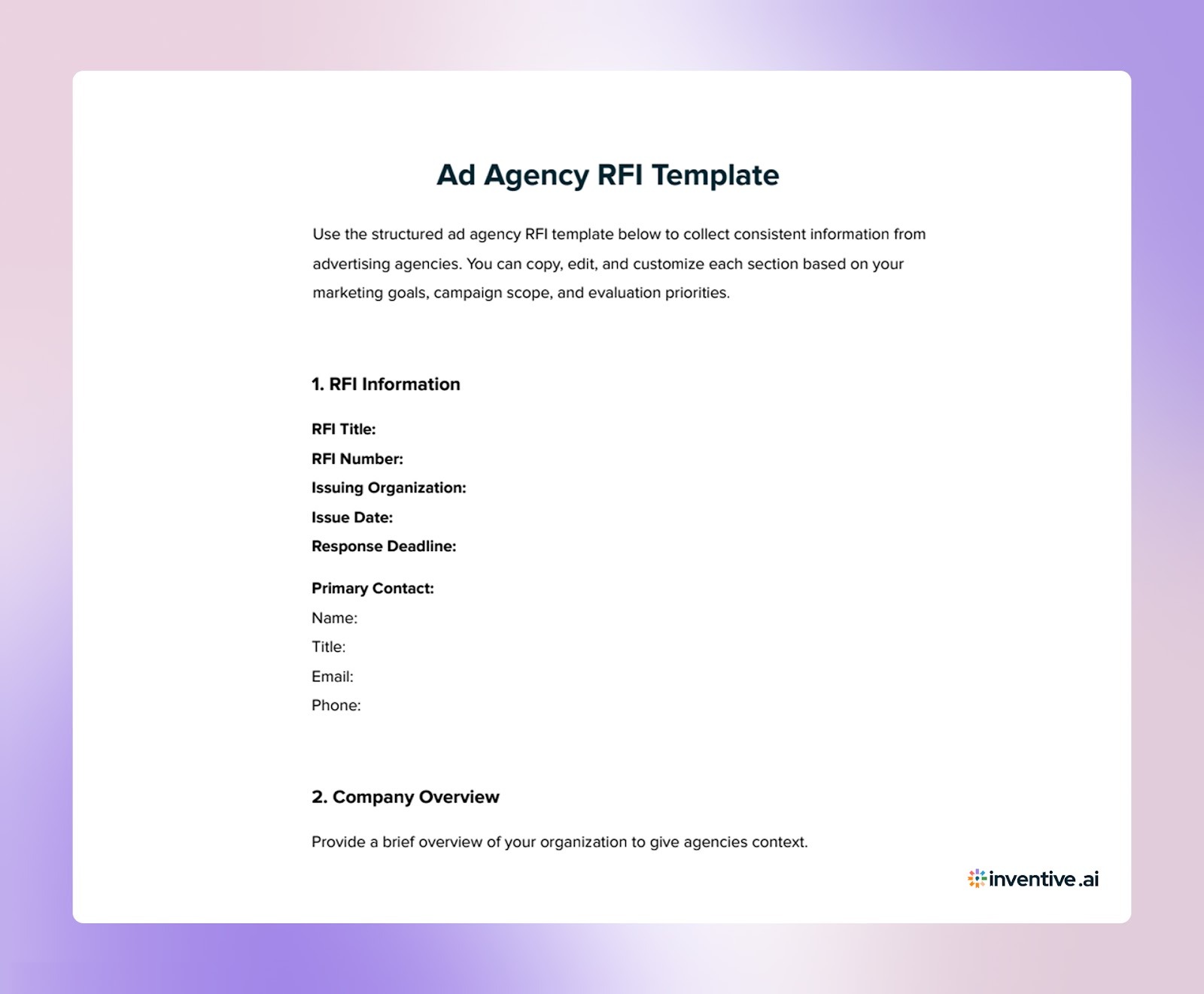 Ad Agency RFI Template For Marketing And Procurement Teams