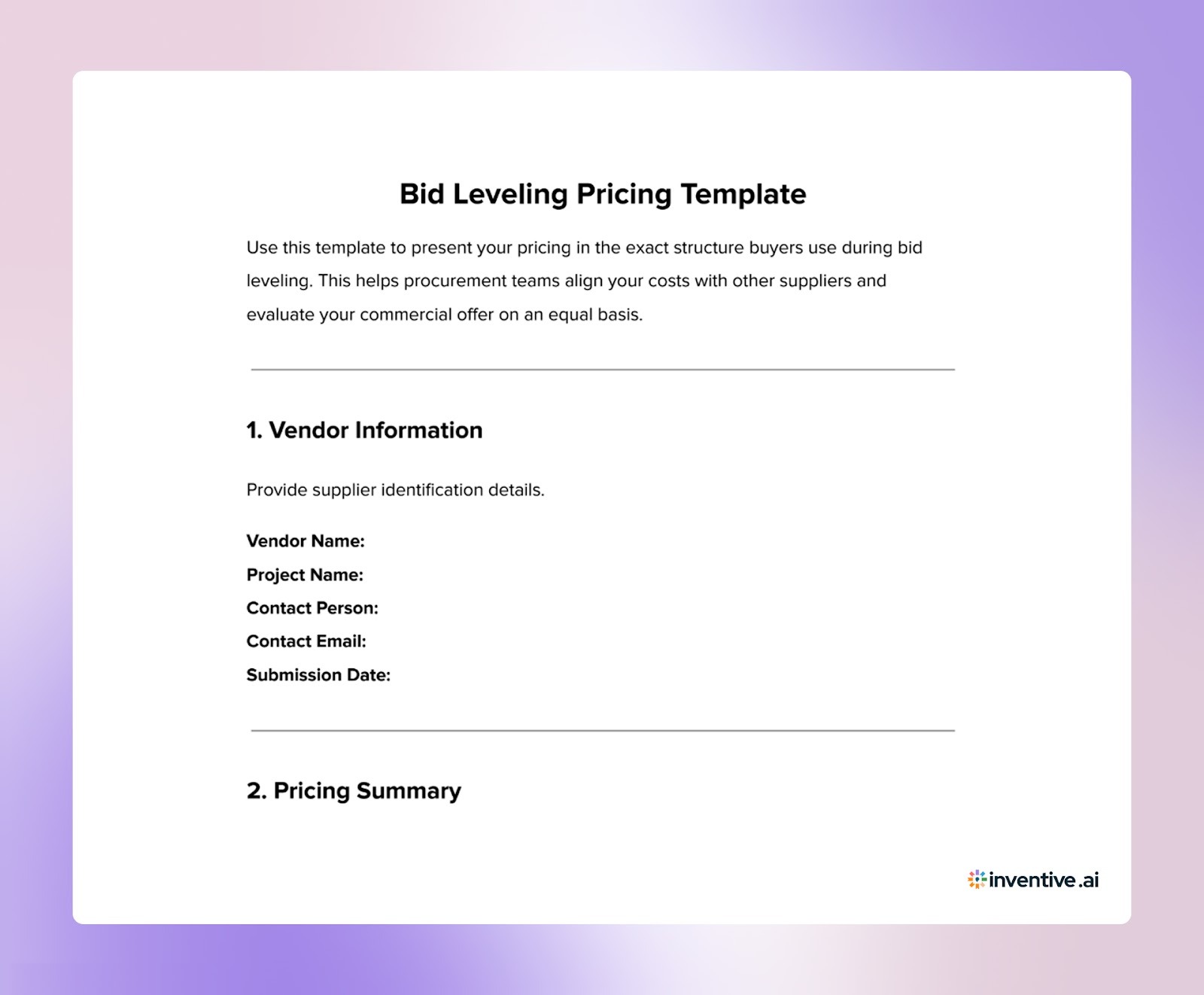 Bid Leveling Pricing Template
