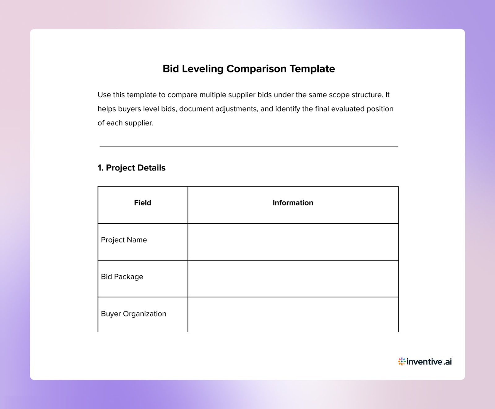 Bid Leveling Comparison Template