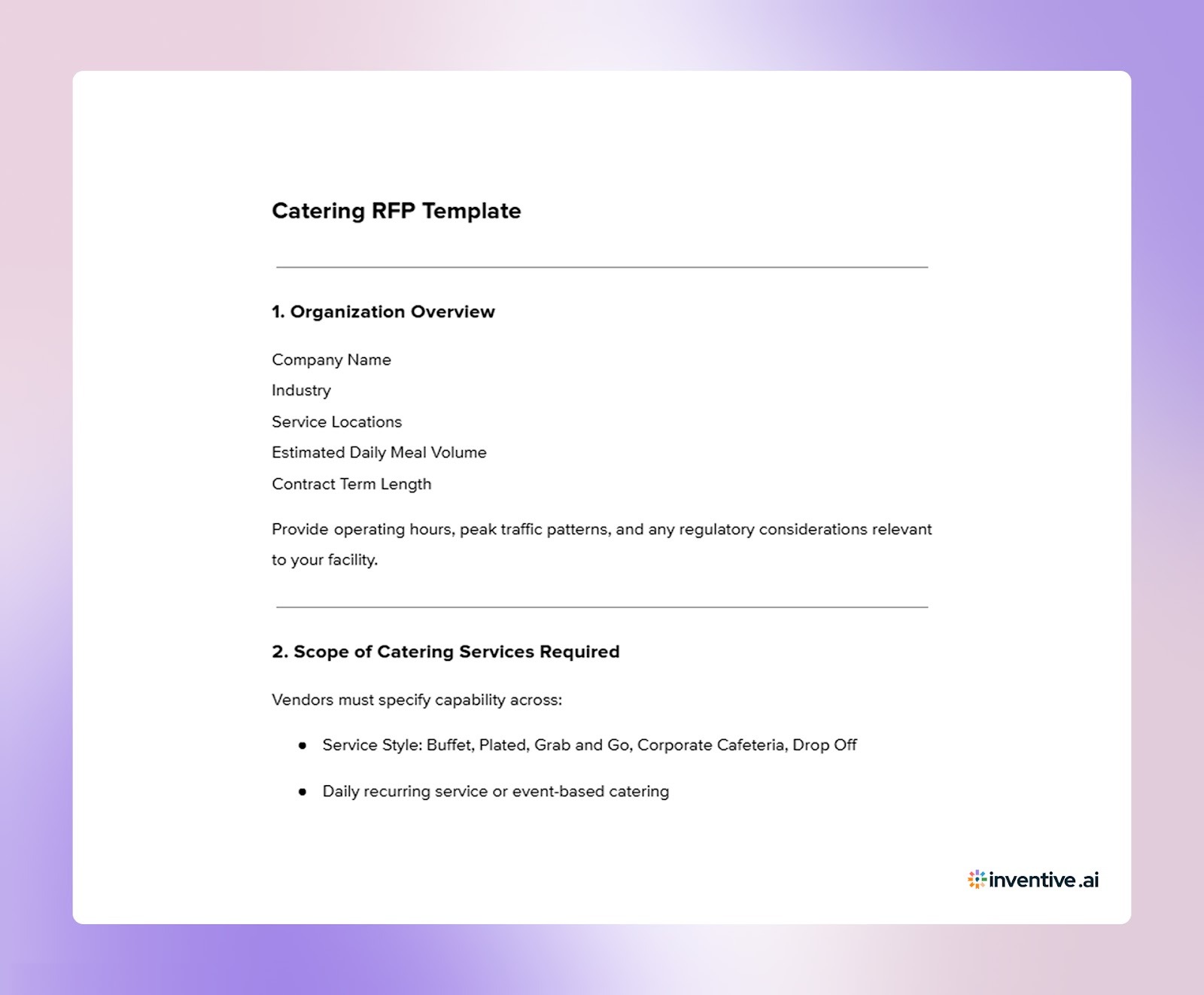 Standard Catering RFP Template (Copy-Paste Ready) Free Download