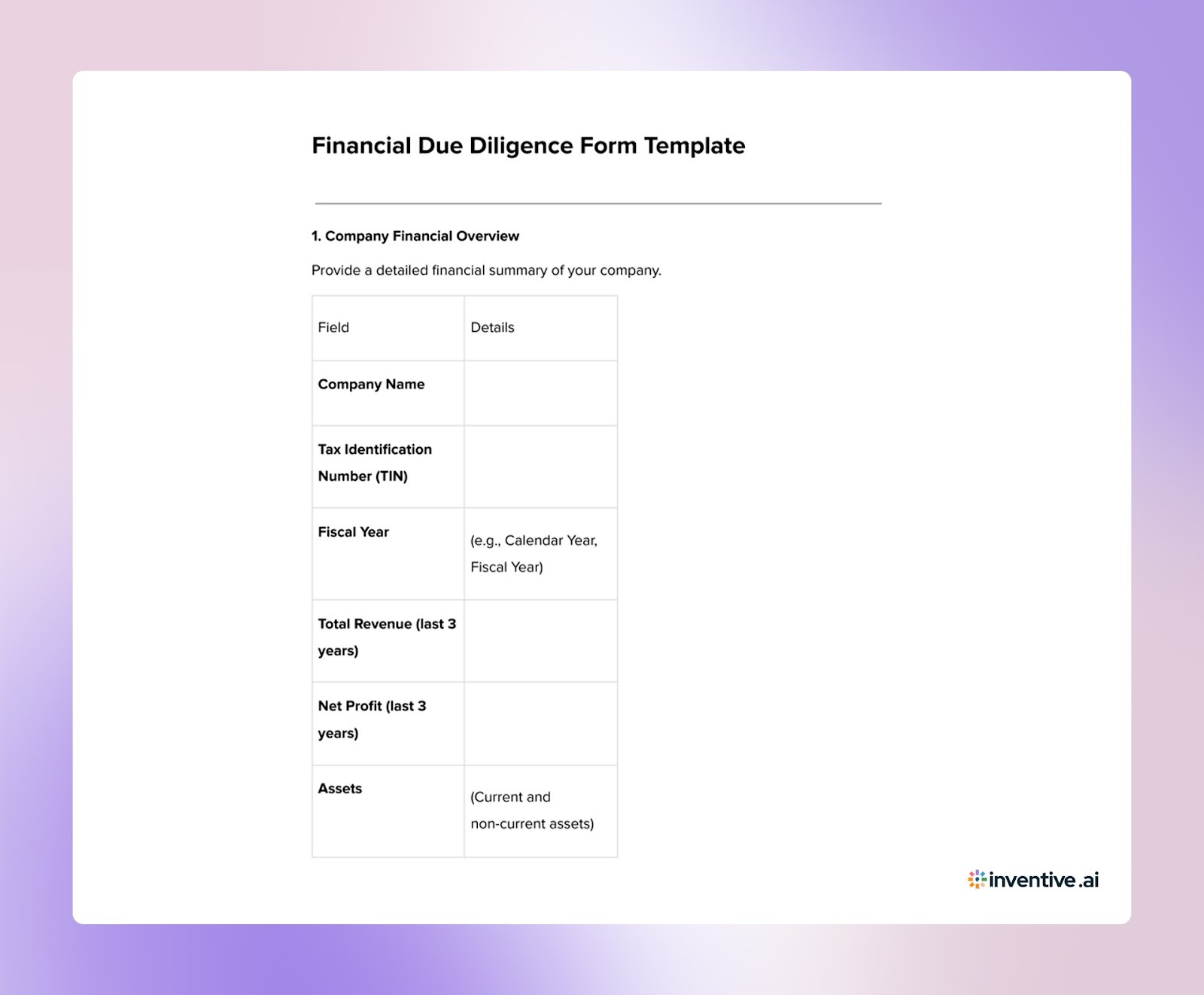 Financial Due Diligence Form