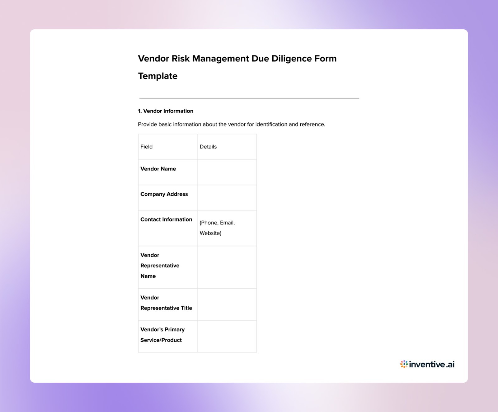 Vendor Risk Management Due Diligence Form