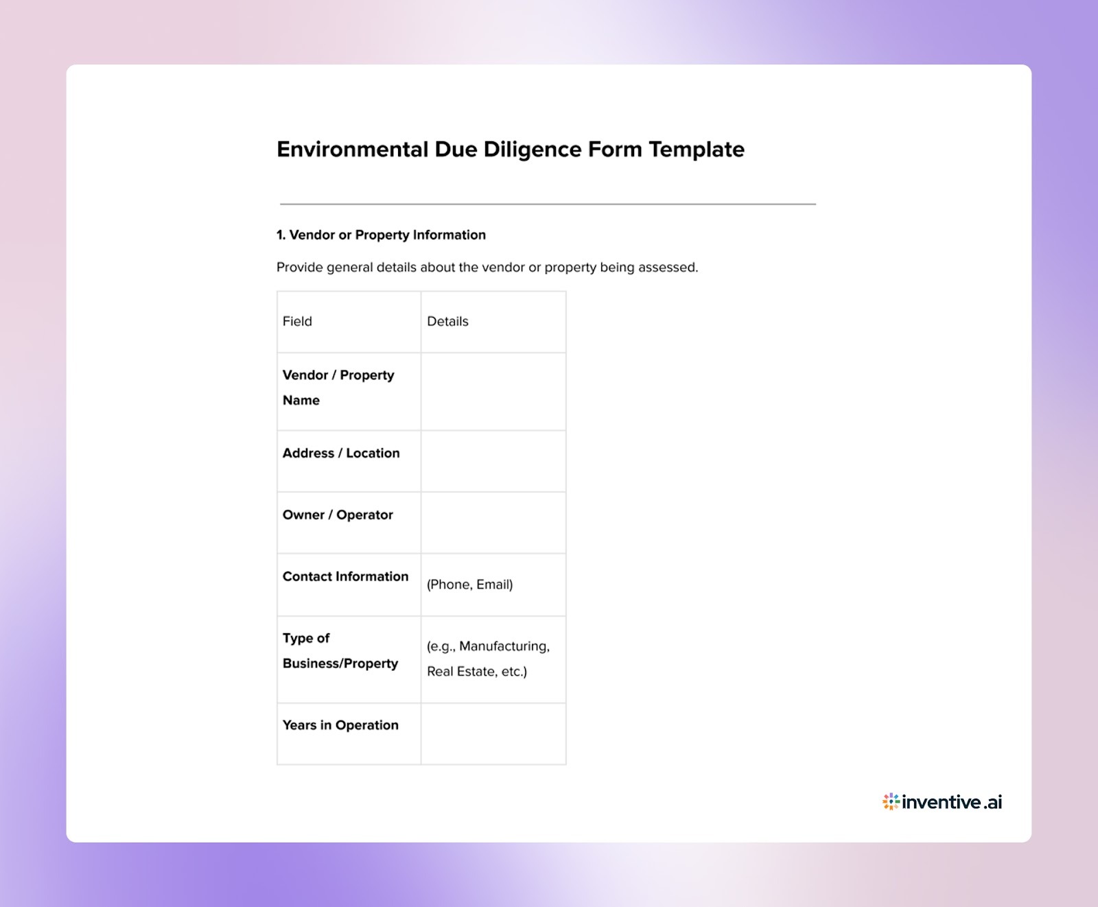Environmental Due Diligence Form