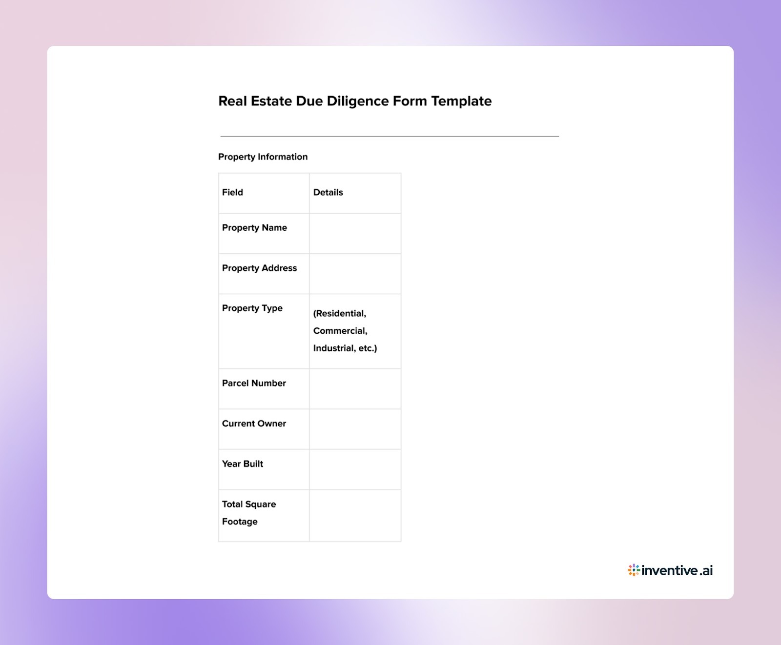 Real Estate Due Diligence Form