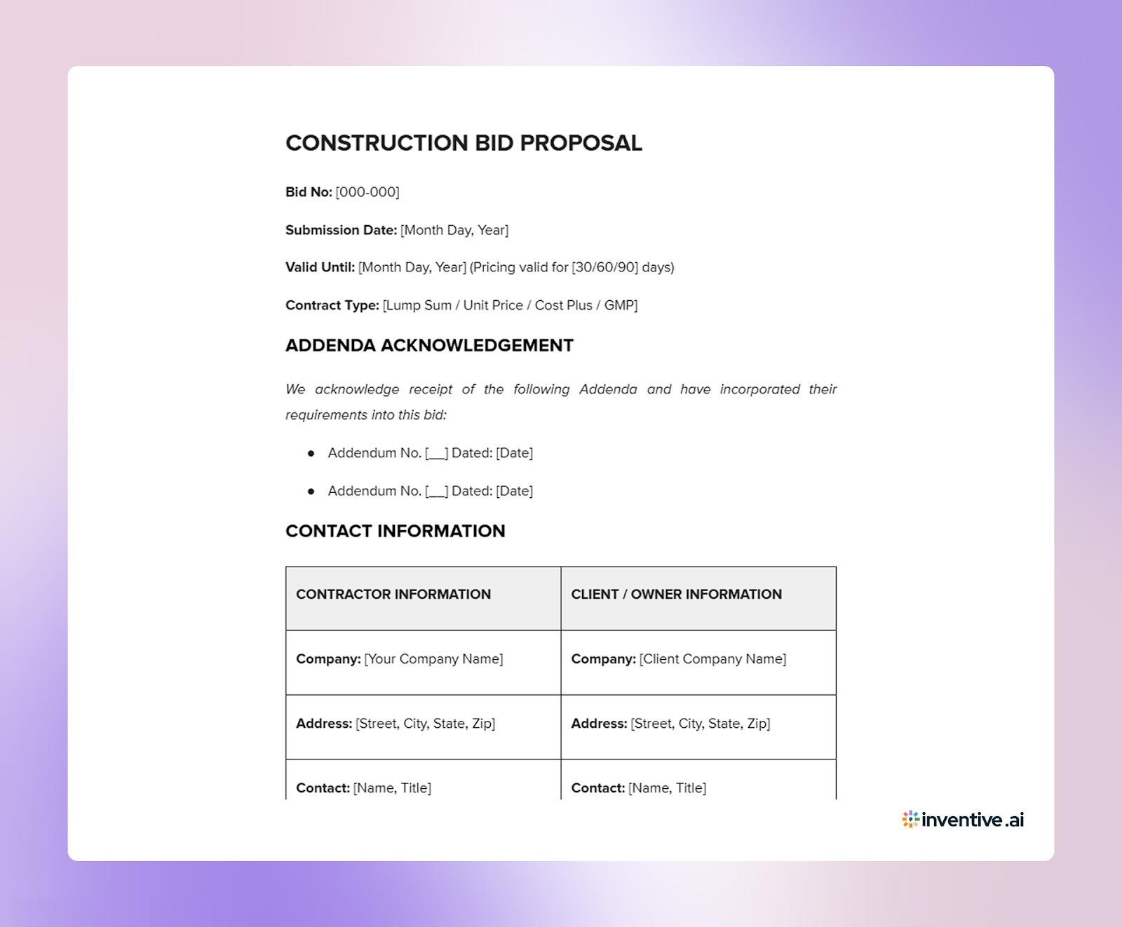 Standard Construction Bid Template for US Projects (Copy-Paste Ready)