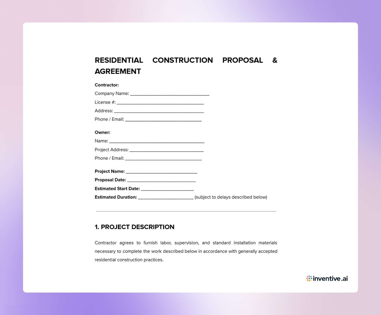 Residential Construction Bid Template