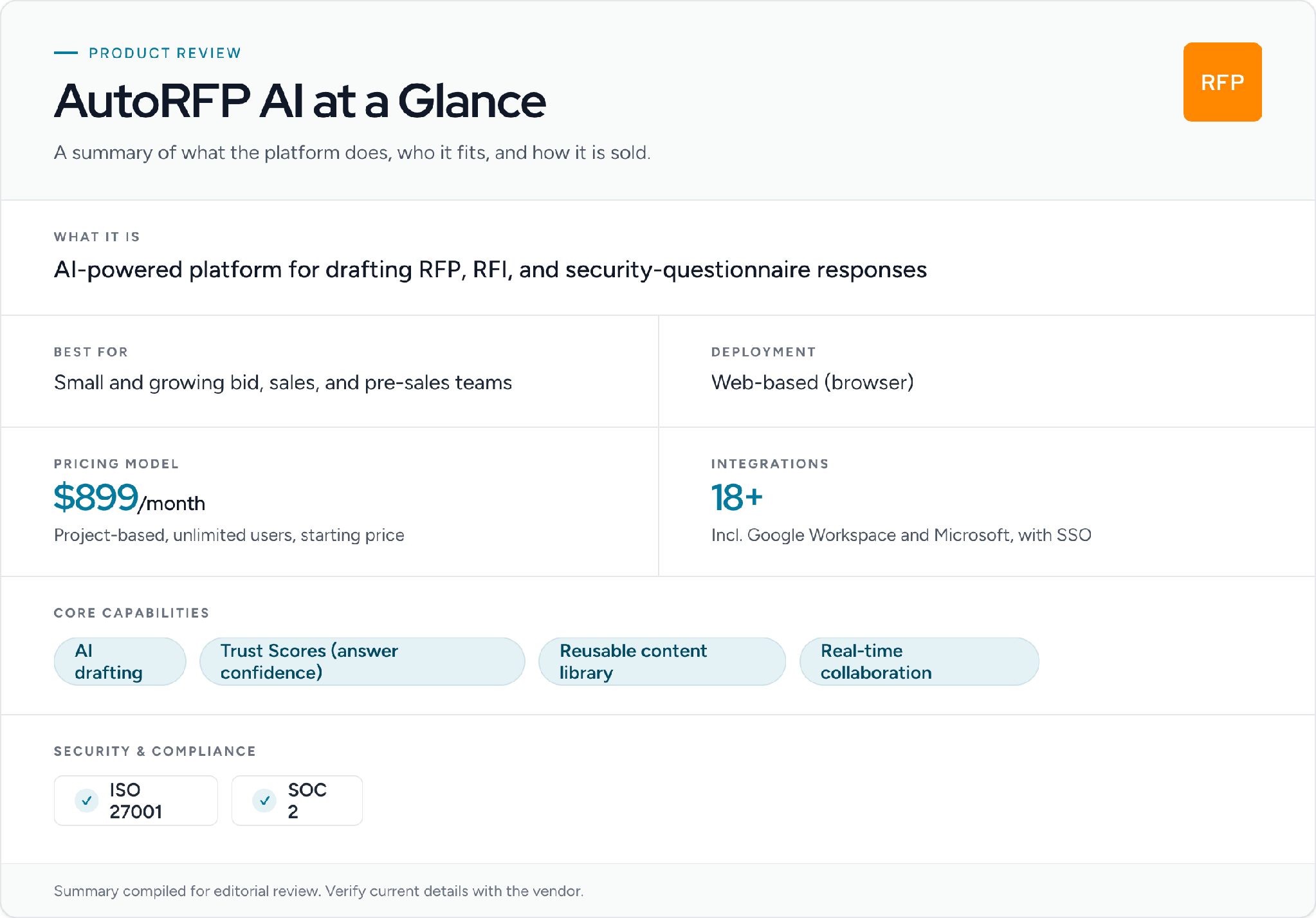 AutoRFP AI at a glance — features, pricing model, integrations, and security summary.