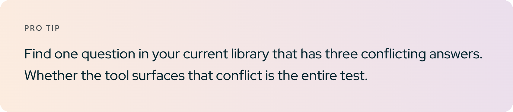 Pro tip. Find one question in your current library that has three conflicting answers.