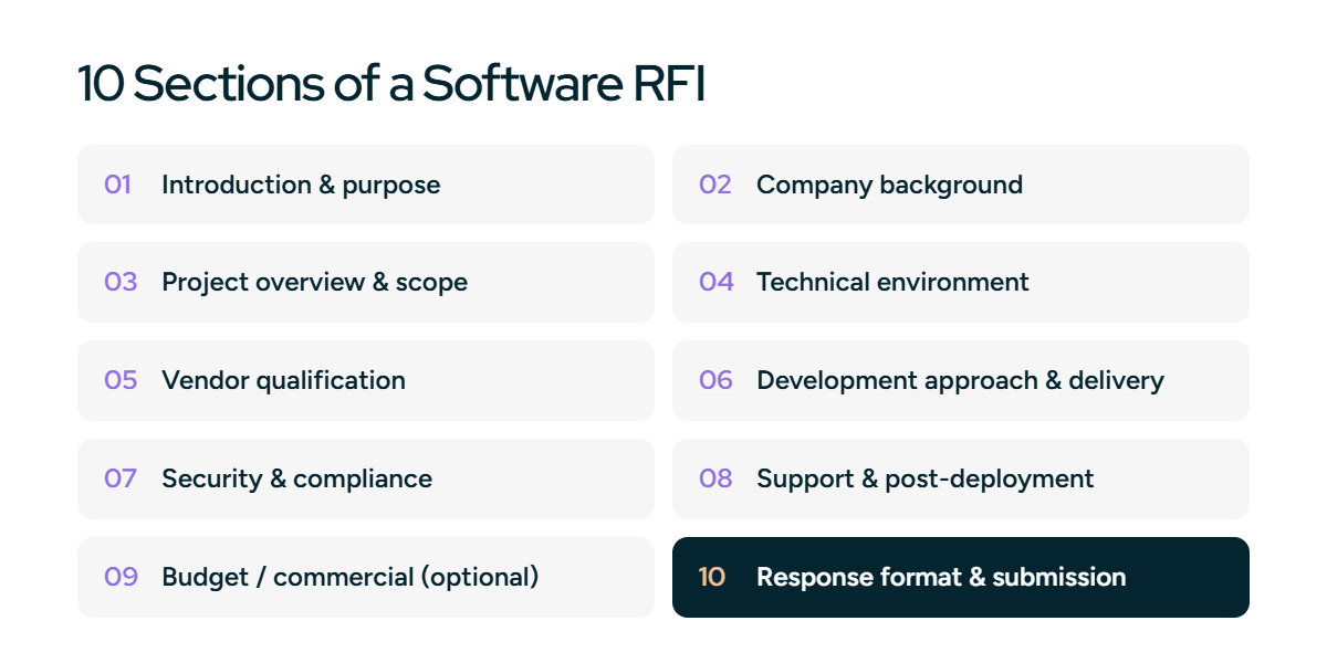 10 sections of a software RFI document