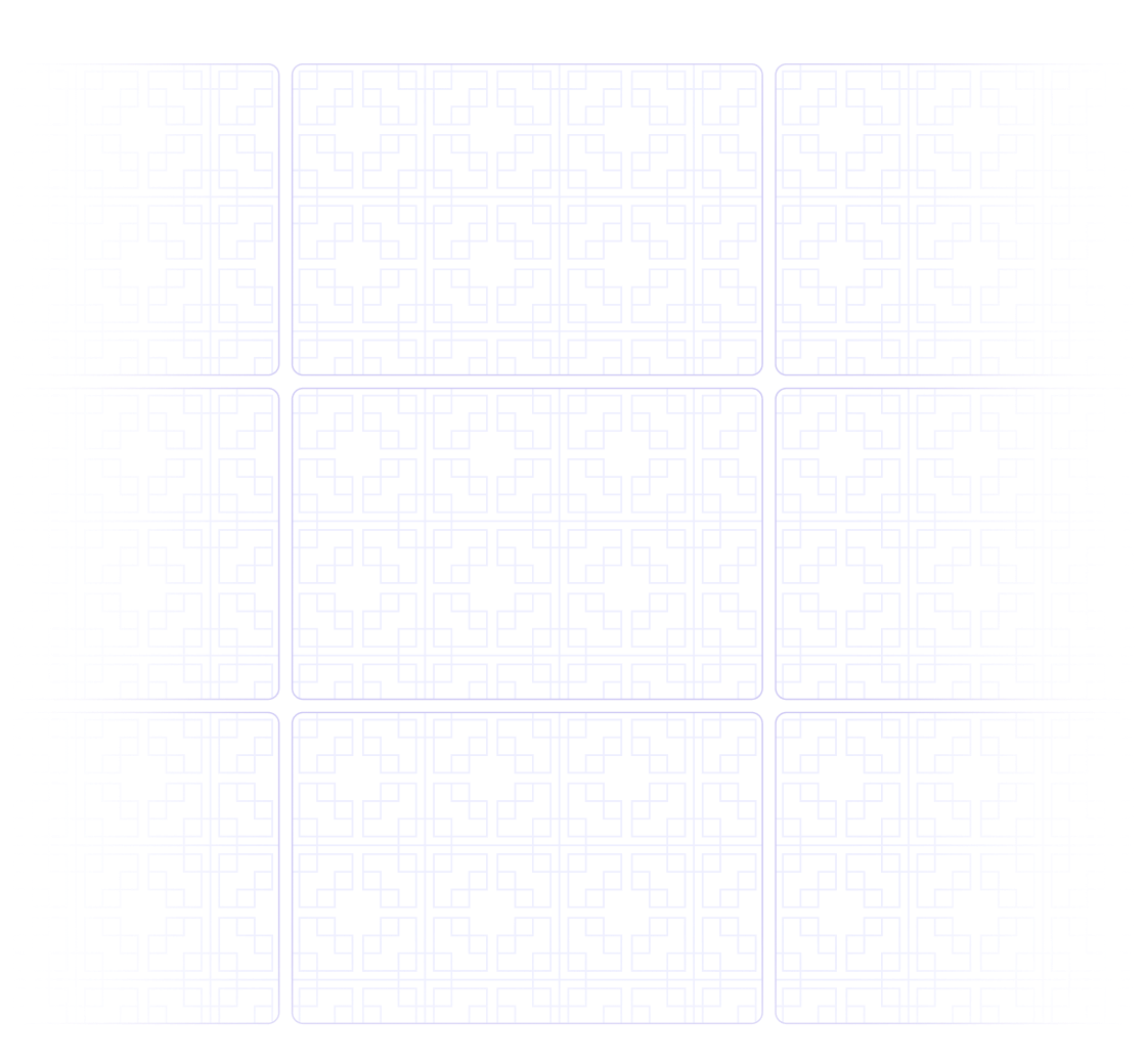 Nine white tiles with a light blue geometric maze-like pattern arranged in a 3x3 grid.