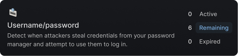 Security alert panel showing username/password vulnerability with 6 remaining, 0 active, and 0 expired.