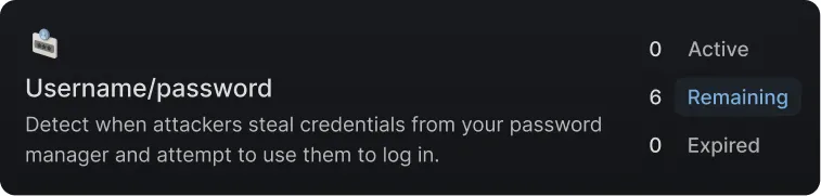 Security alert panel showing username/password vulnerability with 6 remaining, 0 active, and 0 expired.