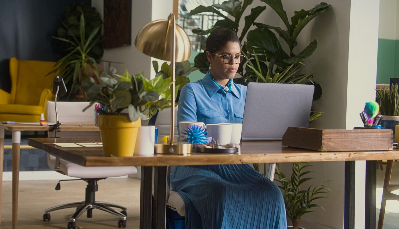 A professional works at laptop in a bright, plant-filled office, symbolizing organized and structured data environments.