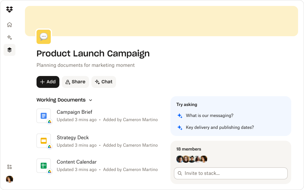 The Dropbox Dash interface displaying a stack with campaign files, member list, and AI-powered search prompts.