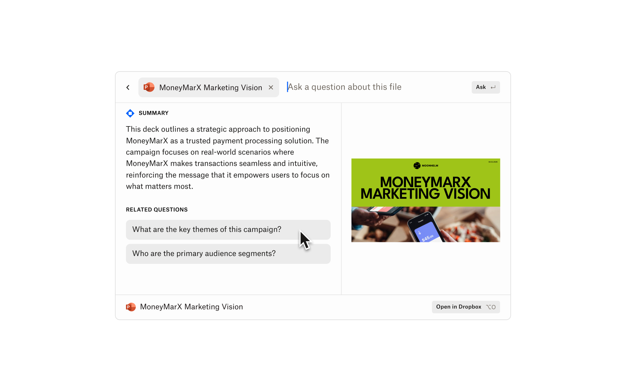 A screenshot of the Dash Chat screen shows someone using it to write a summary about a file.