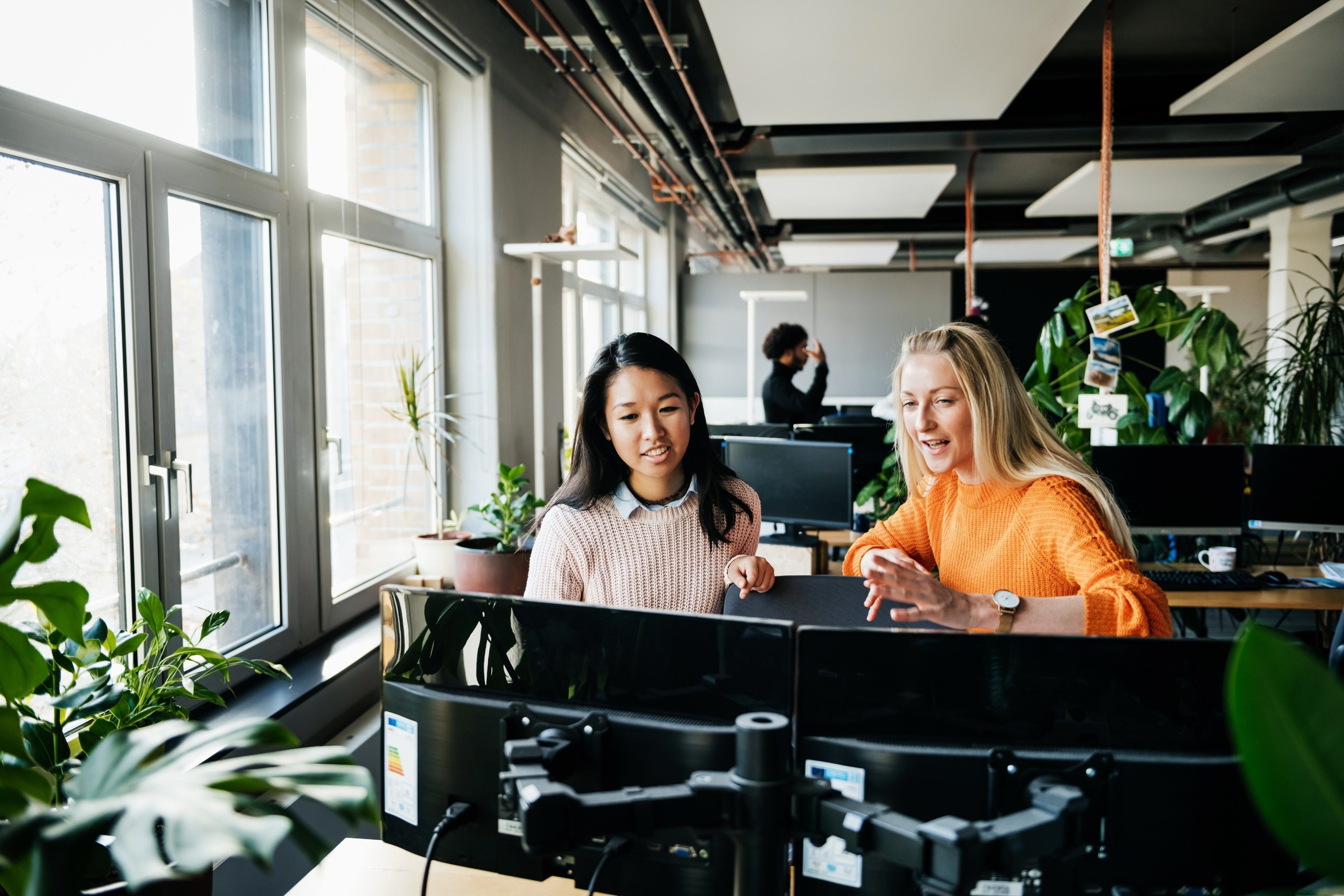 Two people sit at a desk in an office while discussing a campaign.