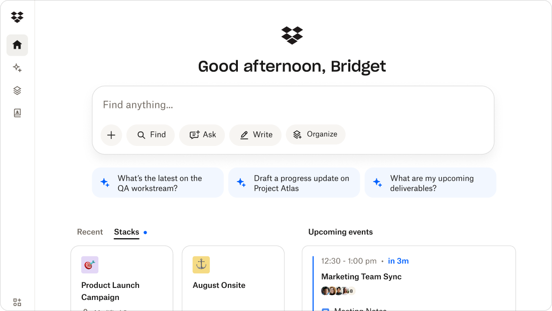 Dash workspace interface with prompts to find files, draft content, summarize action items, and organize campaign tasks.